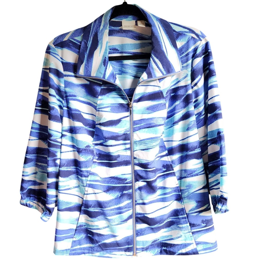 Zenergy Chico's Womens 2 Blue Abstract Full Zip Lagenlook Shacket 3/4 Sleeve